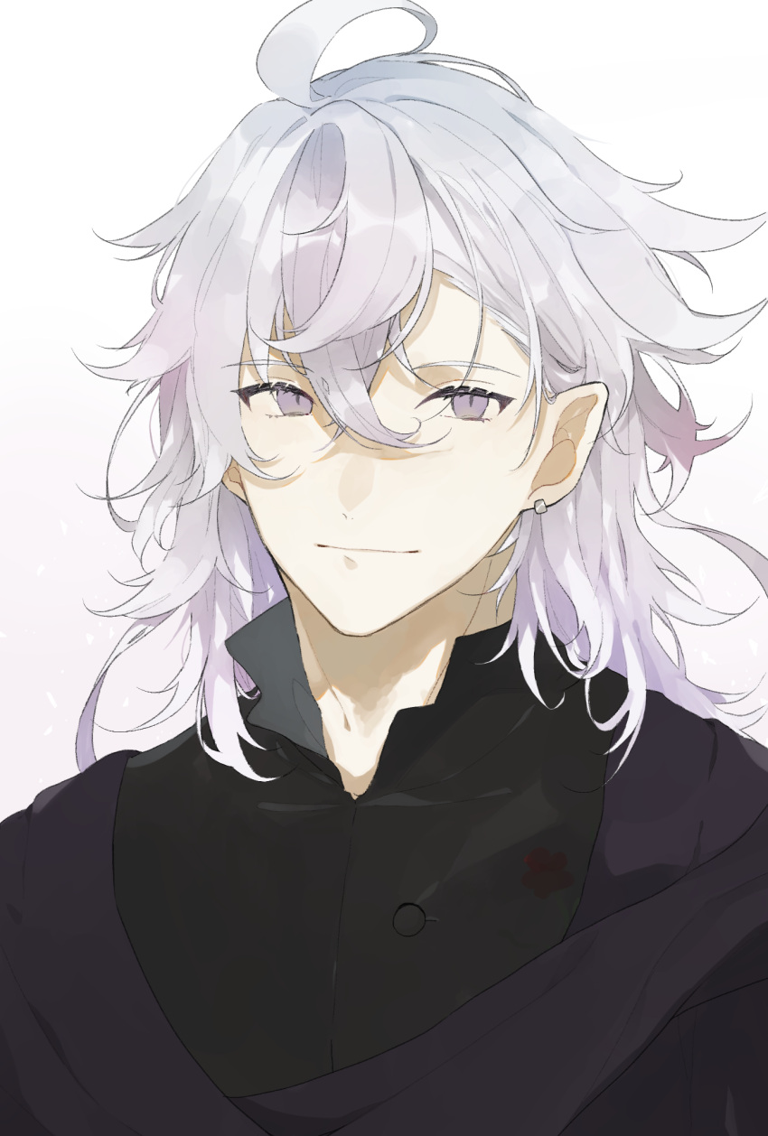 1boy ahoge alternate_hairstyle bangs black_shirt closed_mouth collared_shirt commentary_request earrings fate/grand_order fate_(series) hair_between_eyes highres jewelry light_smile long_hair long_sleeves looking_at_viewer male_focus merlin_(camelot_&amp;_co)_(fate) merlin_(fate) official_alternate_costume pointy_ears romo827 scarf shirt simple_background smile solo upper_body very_long_hair violet_eyes white_background white_hair