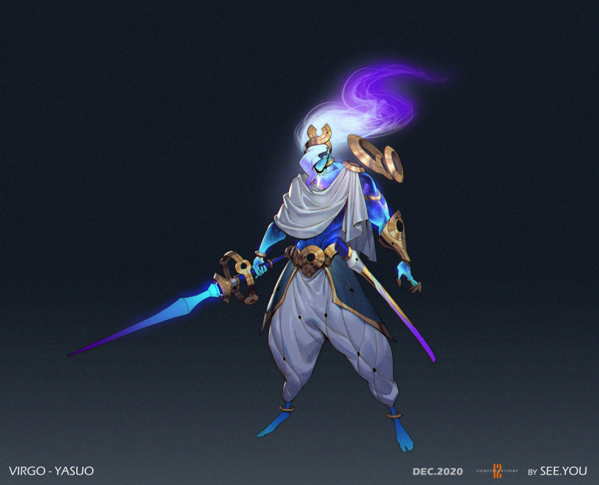 1boy alternate_costume artist_name barefoot blue_skin claws clothing_request collarbone colored_skin floating floating_object gradient_hair grey_pants hair_over_one_eye holding holding_sword holding_weapon league_of_legends long_hair looking_at_viewer male_focus multicolored_hair no_pupils pants purple_hair see_you solo space_print standing starry_sky_print sword unsheathed virgo weapon white_hair yasuo_(league_of_legends)