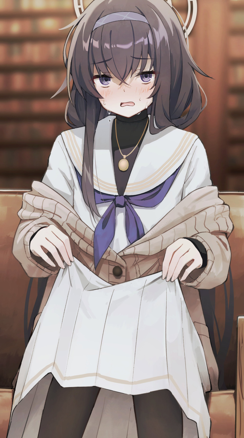 1girl absurdres black_hair black_thighhighs blue_archive blue_eyes blue_ribbon blush brown_cardigan buttons cardigan clothes_lift dress hair_between_eyes hairband halo highres holding holding_clothes holding_skirt jewelry library long_hair long_skirt looking_at_viewer matsushika neckerchief necklace ribbon ribbon_trim sailor_collar skirt skirt_lift solo solo_focus sweat sweatdrop thigh-highs turtleneck ui_(blue_archive) very_long_hair white_dress