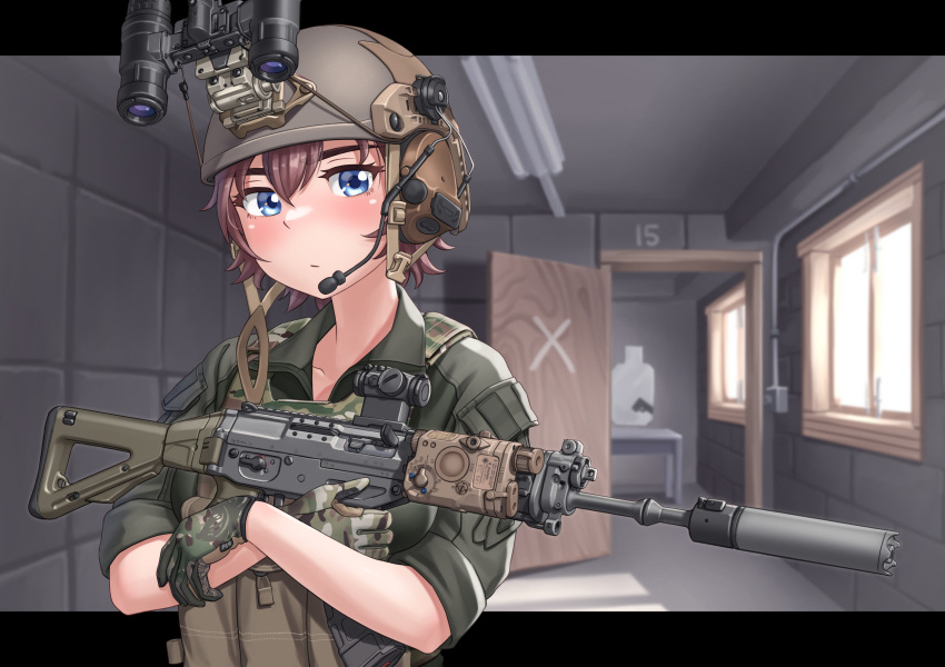 1girl assault_rifle bangs blue_eyes blush brown_hair bulletproof_vest camouflage closed_mouth door green_shirt gun helmet highres holding holding_gun holding_weapon indoors looking_at_viewer military night_vision_device original rifle shirt short_hair sig_sauer sleeves_rolled_up soldier solo upper_body vest waruzamurai weapon window