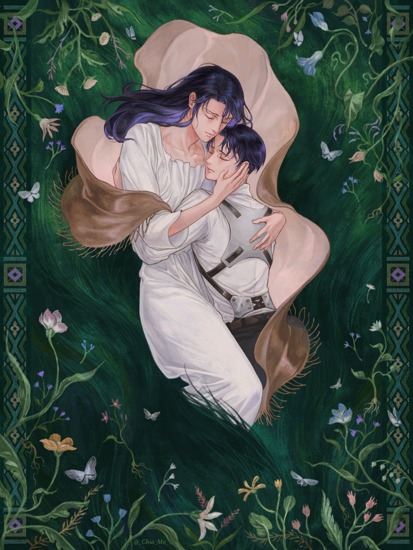 1boy 1girl affectionate black_hair border chiamo_(lmc_clm) closed_eyes collared_shirt dress grass hand_on_another's_back hand_on_another's_cheek hand_on_another's_face hand_up harness highres hug kuchel_ackerman levi_(shingeki_no_kyojin) long_hair mother_and_son plant purple_hair shawl shingeki_no_kyojin shirt short_hair twitter_username vines white_dress white_shirt younger