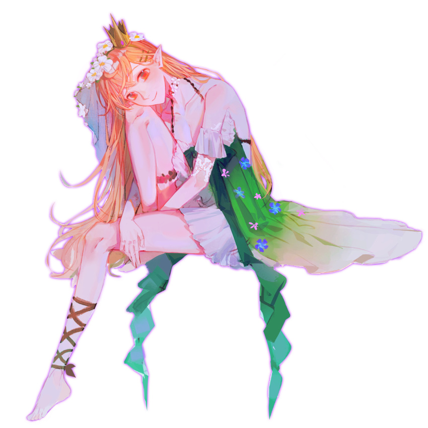 1girl absurdres alternate_costume arm_cuffs blonde_hair blush brown_eyes closed_mouth collarbone dress fairy from_side green_dress highres knee_up long_hair looking_at_viewer multicolored_eyes nijisanji nijisanji_en ozzzzzzooooo pointy_ears pomu_rainpuff red_eyes simple_background sitting sleeveless smile solo virtual_youtuber white_dress