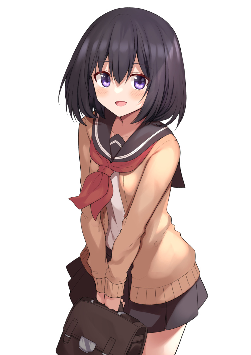 1girl :d bag bangs black_hair blush brown_cardigan brown_sailor_collar brown_skirt cardigan commentary_request cowboy_shot hair_between_eyes highres holding holding_bag long_sleeves looking_at_viewer mahcdai medium_hair neckerchief open_cardigan open_clothes original pleated_skirt red_neckerchief sailor_collar school_briefcase school_uniform shirt simple_background skirt smile solo standing v_arms violet_eyes white_background white_shirt