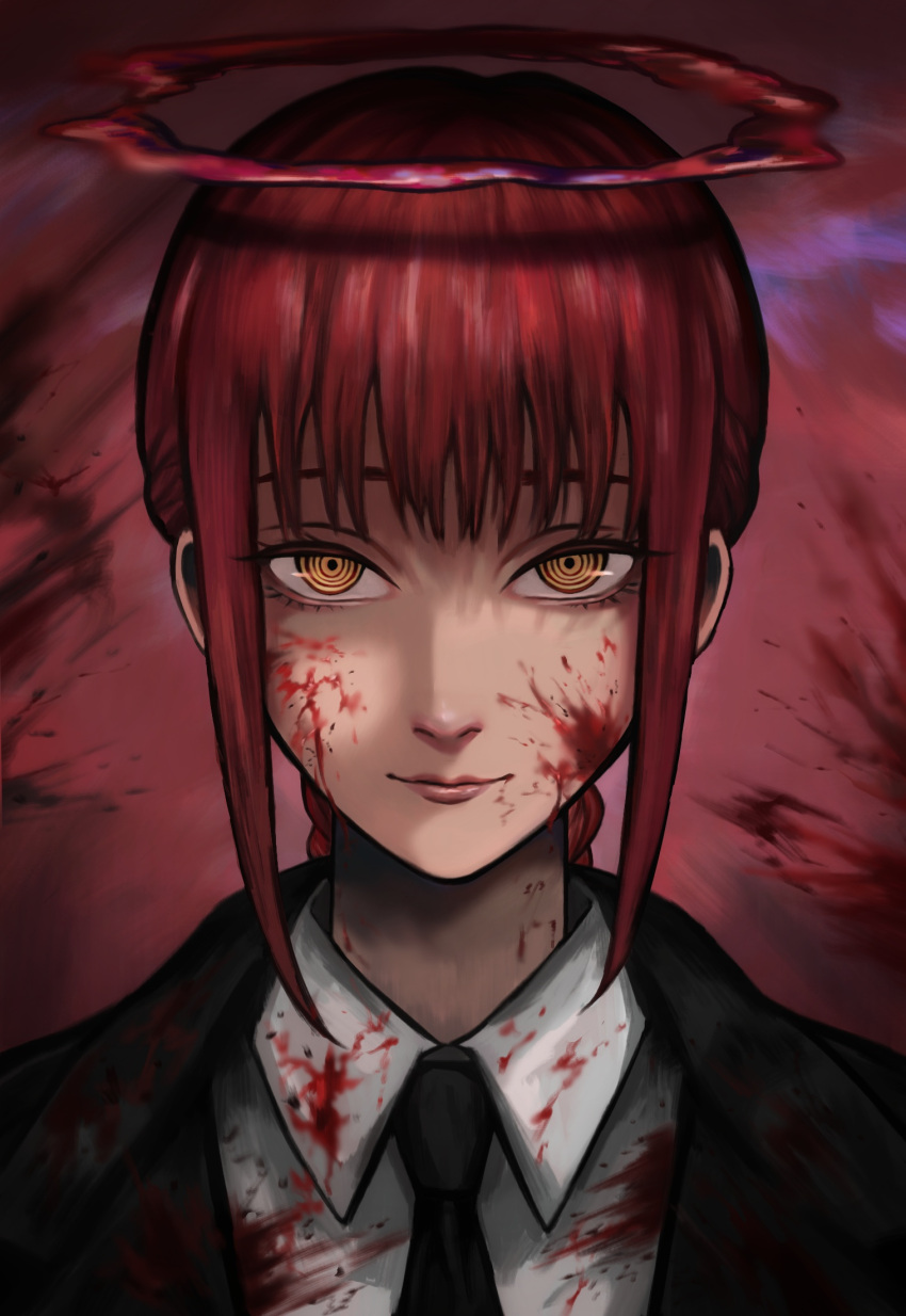 1girl black_necktie blood blood_on_clothes blood_on_face blood_splatter braid braided_ponytail chainsaw_man closed_mouth collared_shirt draus_(drausloky) halo highres long_hair looking_at_viewer low_ponytail makima_(chainsaw_man) necktie portrait redhead shirt sidelocks smile solo white_shirt wing_collar yellow_eyes