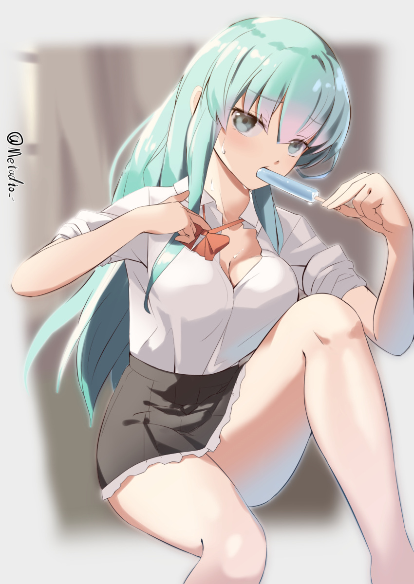 1girl aqua_eyes aqua_hair ascot blurry blurry_background breasts brown_skirt collared_shirt food food_in_mouth grey_background hair_ornament hairclip highres holding holding_food ice_cream kantai_collection long_hair medium_breasts melting metadio open_clothes open_shirt pleated_skirt popsicle school_uniform shirt short_sleeves sitting skirt solo suzuya_(kancolle) twitter_username white_shirt