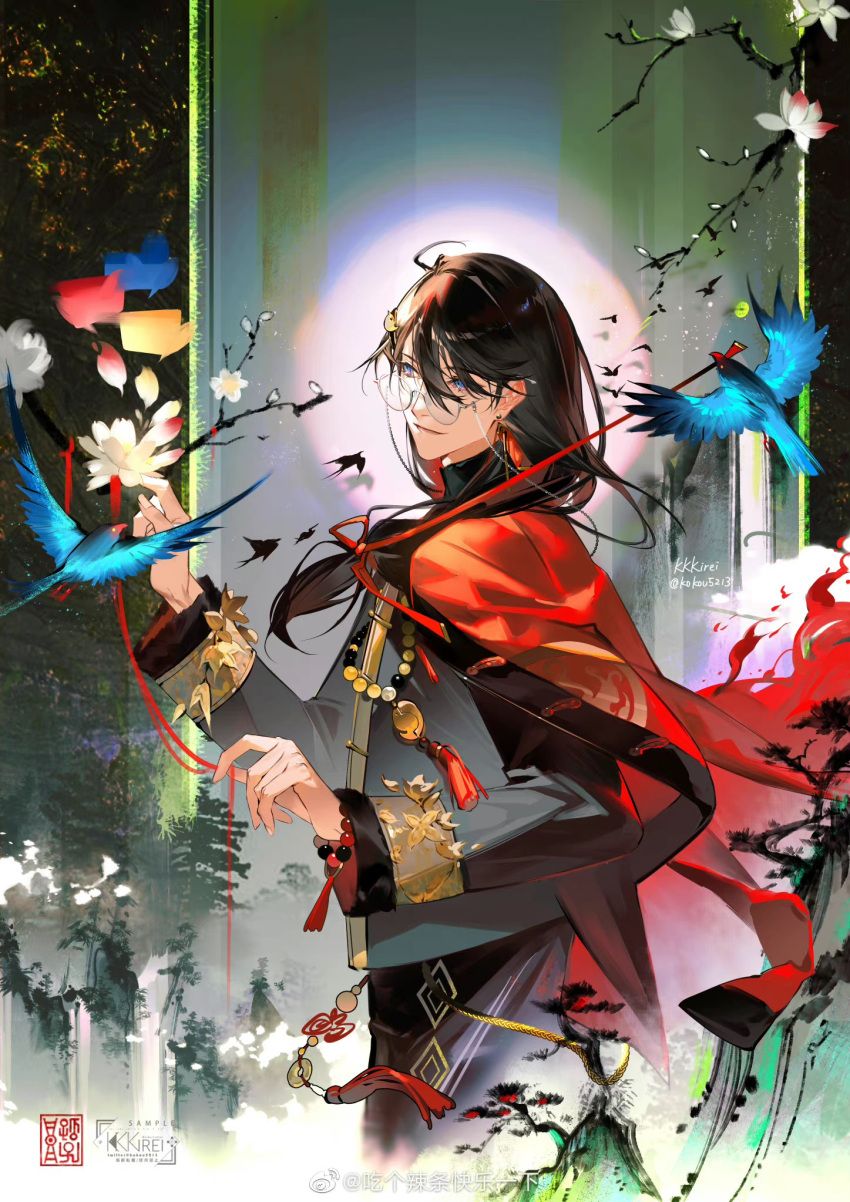 1boy ahoge bird bishounen black_bird black_hair blue_bird blue_eyes cape changpao chinese_clothes flower glasses hair_over_shoulder hair_ribbon highres holding kokouko5213 kyouka_(overidea) looking_at_viewer lotus low_ponytail male_focus overidea ribbon solo string string_of_fate tassel upper_body