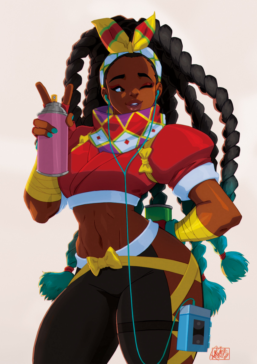 1girl aqua_hair aqua_nails arm_behind_back arm_wrap bow bow_hairband brown_lips cable colored_tips commission cowboy_shot crop_top cross-laced_clothes dark_skin earphones earphones english_commentary eyeliner eyeshadow fingernails forehead hairband highres hip_vent kimberly_(street_fighter) linea_alba listening_to_music long_hair lowleg lowleg_pants makeup midriff multicolored_hair nail_polish navel one_eye_closed pants parted_lips quad_braids red_eyeshadow solo spray_can street_fighter street_fighter_6 teeth thick_eyebrows thick_thighs thighs toned tovio_rogers upper_teeth v very_dark_skin walkman white_background wide_hips yellow_bow