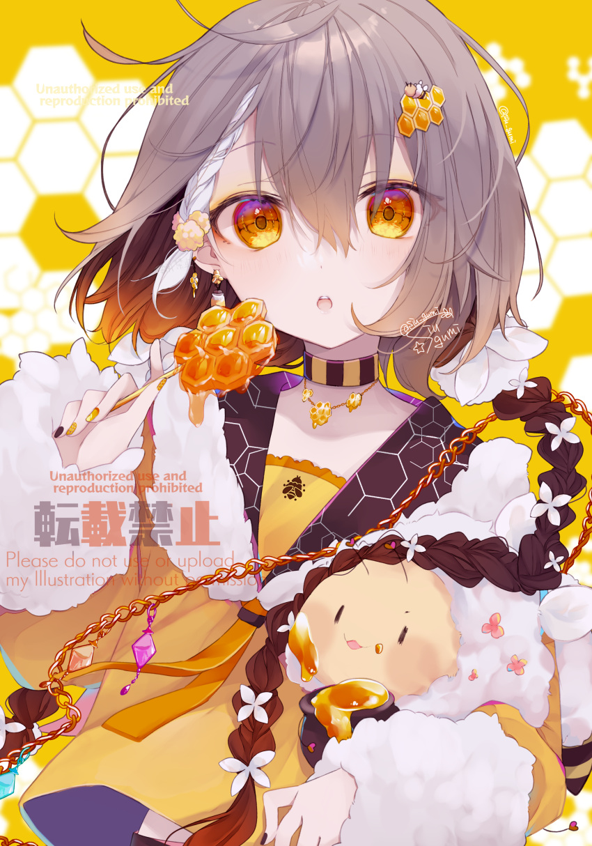 1girl absurdres bee braid brown_hair bug candy choker colored_tips ear_piercing earrings food highres honey honeycomb jewelry looking_at_viewer multicolored_background multicolored_hair open_mouth orange_eyes orange_hair original piercing ponixponi sailor_collar solo white_background yellow_background yellow_theme
