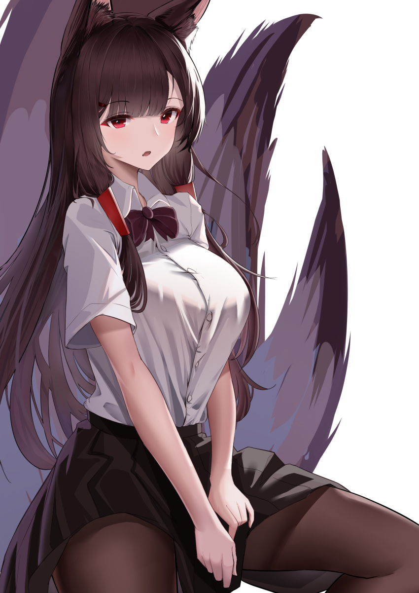 1girl absurdres akagi_(azur_lane) animal_ears azur_lane black_skirt bow breasts brown_bow brown_hair brown_pantyhose brown_tail highres kitsune large_breasts long_hair looking_at_viewer miniskirt multiple_tails pantyhose pleated_skirt red_eyes shirt short_sleeves skirt solo tail v_arms white_shirt xianggu_wu_yan