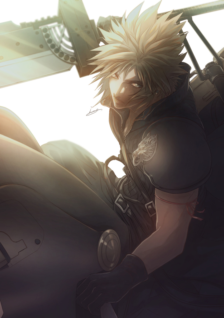 1boy arm_ribbon armor black_gloves blonde_hair cloud_strife earrings fighting_stance final_fantasy final_fantasy_vii final_fantasy_vii_advent_children first_ken gloves high_collar highres holding holding_sword holding_weapon jewelry looking_at_viewer male_focus moriiiiiiiiiinn on_motorcycle open_collar pink_ribbon ribbon short_hair shoulder_armor signature single_earring solo spiky_hair sword weapon white_background wolf