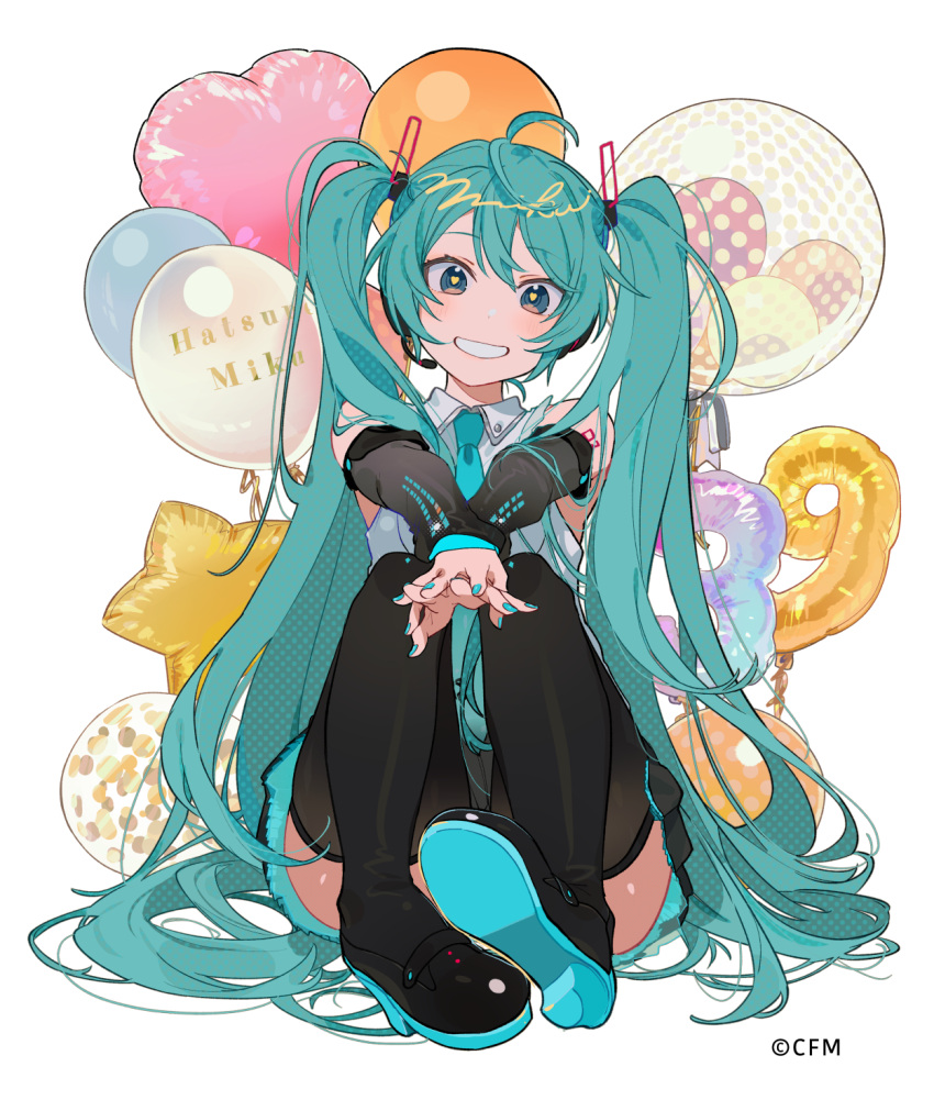 1girl 39 :d aqua_eyes aqua_hair aqua_nails aqua_necktie balloon boots character_name commentary detached_sleeves grey_shirt grin hassan_(sink916) hatsune_miku hatsune_miku_(vocaloid4) head_tilt headphones headset heart heart-shaped_pupils heart_balloon high_heels highres interlocked_fingers knees_up long_hair looking_at_viewer necktie on_floor shirt skirt sleeveless smile solo symbol-shaped_pupils thigh-highs thigh_boots twintails very_long_hair vocaloid white_background zettai_ryouiki