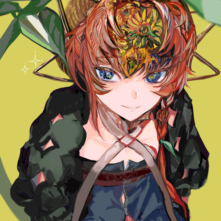 1girl bangs black_sleeves blue_eyes braid breasts crown_braid dress fate/grand_order fate_(series) flower green_dress hair_flower hair_ornament highres long_hair long_sleeves looking_at_viewer orange_background orange_hair parted_lips side_braid small_breasts smile solo sunflower teeth upper_body van_gogh_(fate) yadu_nadu