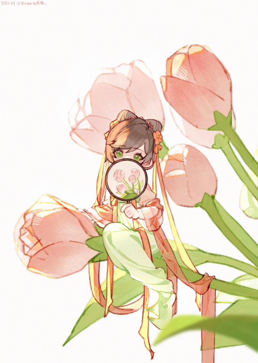 1girl artist_name bangs brown_hair chinese_clothes covering_mouth flower full_body green_eyes hair_bun hand_fan highres holding holding_fan littletreeee long_hair long_sleeves looking_at_viewer pink_flower rosa_(tears_of_themis) simple_background single_hair_bun solo tears_of_themis white_background