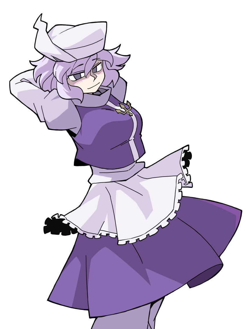 1girl absurdres apron arms_behind_head bangs closed_mouth eddybird55555 highres letty_whiterock light_purple_hair long_sleeves looking_at_viewer polearm purple_hair purple_skirt purple_vest short_hair simple_background skirt solo standing touhou trident vanripper_(style) vest violet_eyes waist_apron weapon white_apron white_background white_headwear