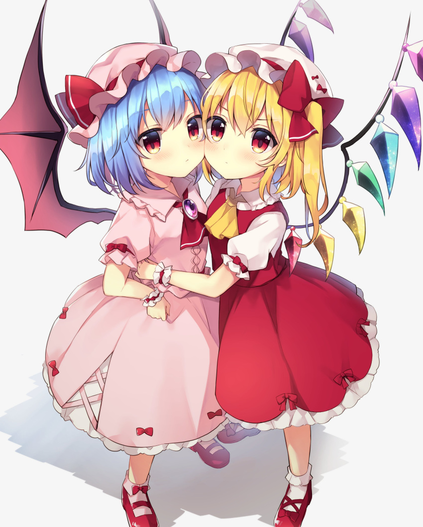 2girls absurdres ascot bat_wings blonde_hair blue_hair closed_mouth crystal dress flandre_scarlet full_body hat hat_ribbon highres hug looking_at_viewer mob_cap multiple_girls one_side_up pink_dress pink_headwear red_ascot red_eyes red_footwear red_ribbon red_skirt red_vest remilia_scarlet ribbon ruhika shirt short_hair siblings simple_background sisters skirt socks touhou vest white_background white_headwear white_shirt white_socks wings wrist_cuffs yellow_ascot