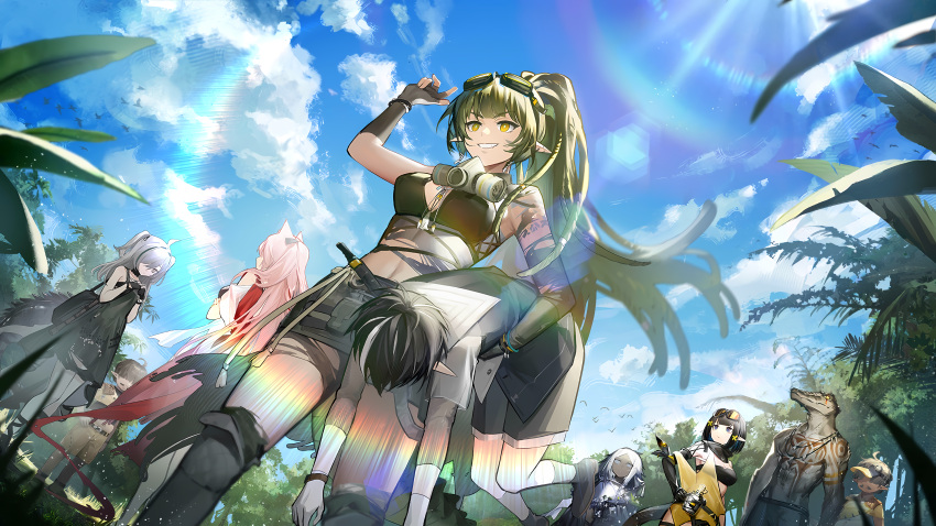 absurdres arknights bare_shoulders black_hair eunectes_(arknights) game_cg gavial_(arknights) gavial_the_invincible_(arknights) green_hair highres holding long_hair looking_away mask mask_around_neck minimalist_(arknights) multiple_girls official_art pink_eyes pink_hair pozyomka_(arknights) standing sunlight tomimi_(arknights) very_long_hair violet_eyes yellow_eyes