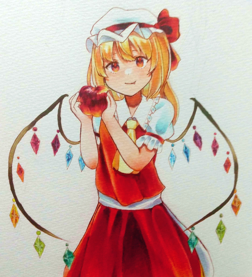 1girl ameyume7234 apple ascot blonde_hair closed_mouth collared_shirt commentary_request cowboy_shot fang fang_out flandre_scarlet food frilled_shirt_collar frilled_sleeves frills fruit hat hat_ribbon highres holding holding_food holding_fruit looking_at_viewer mob_cap multicolored_wings orange_eyes puffy_short_sleeves puffy_sleeves red_ribbon red_skirt red_vest ribbon shirt short_sleeves skirt skirt_set solo touhou traditional_media vest white_headwear white_shirt wings yellow_ascot