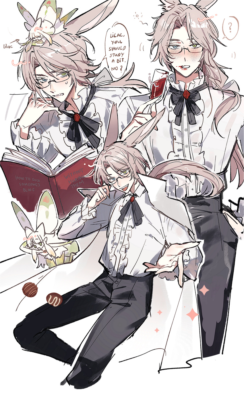 1boy 1girl absurdres animal_ears book cape fang fang_out final_fantasy final_fantasy_xiv glasses heterochromia highres light_brown_hair long_hair low-tied_long_hair male_focus pale_skin rabbit_ears scholar_(final_fantasy) vampire victorian viera white_background