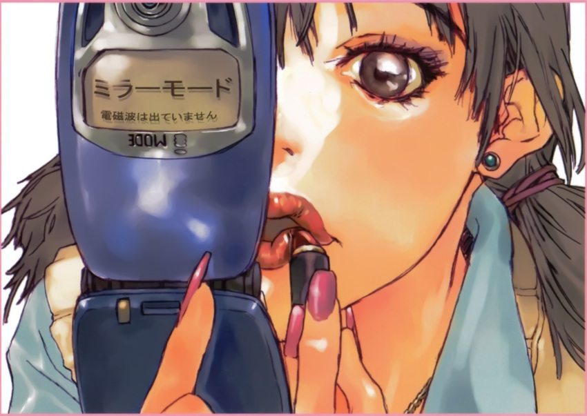 1girl black_hair cellphone earrings grey_eyes highres jewelry long_tail official_art okazaki_takeshi phone pink_nails platonic_chain red_lips red_lipstick_tube solo tail