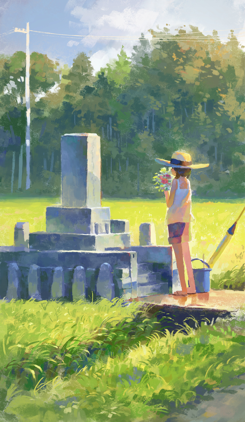 1girl bouquet brown_hair bucket fjsmu flip-flops forest from_behind grass hat highres holding holding_bouquet nature original outdoors sandals scenery shirt short_hair shorts sky solo standing summer sun_hat tombstone utility_pole white_shirt