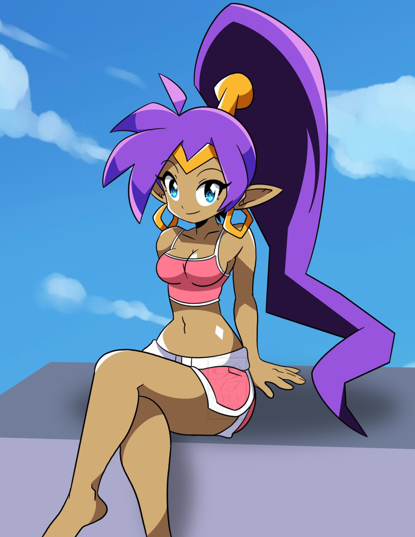 1girl blue_eyes clouds datwondoude earrings highres jewelry looking_at_viewer pointy_ears ponytail shantae shantae_(series) sitting smile solo tiara