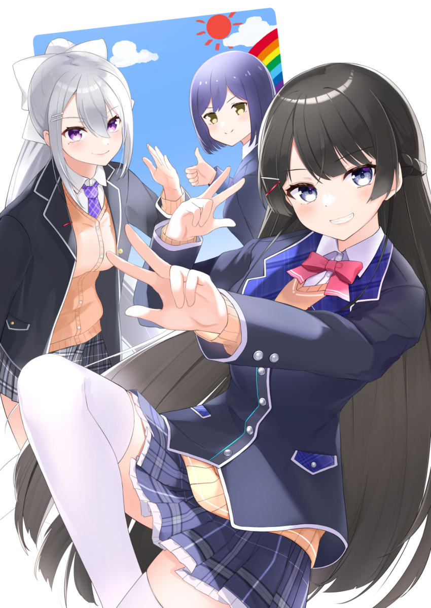 3girls bangs black_hair black_jacket blue_eyes blue_sky bow bowtie brown_sweater cardigan cardigan_under_jacket clouds collared_shirt comiket_99 commentary_request date_(mamanonamaebot) grey_hair hair_bow hair_ornament hairclip highres higuchi_kaede jacket jk_gumi_(nijisanji) long_hair looking_at_viewer multiple_girls necktie nijisanji open_clothes open_jacket pink_bow plaid plaid_skirt purple_hair purple_necktie rainbow school_uniform shirt shizuka_rin short_hair skirt sky sun sweater sweater_under_jacket teeth thigh-highs thumbs_up tsukino_mito violet_eyes virtual_youtuber white_shirt white_thighhighs wing_collar yellow_eyes zettai_ryouiki