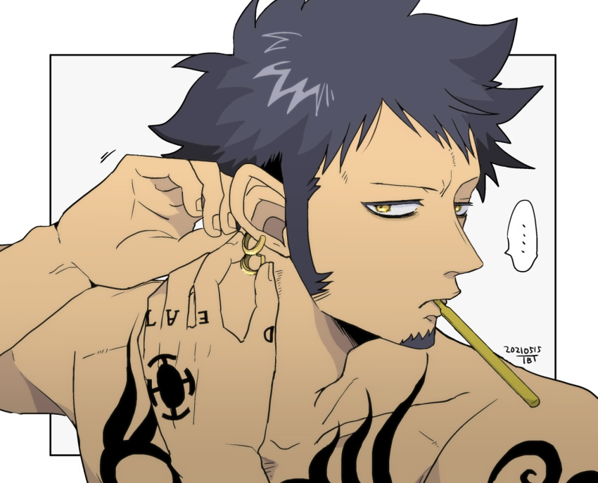 ... 1boy adjusting_earrings artist_name black_hair closed_mouth earrings facial_hair hands_up highres hoop_earrings jewelry male_focus multiple_earrings one_piece simple_background solo speech_bubble tattoo tbt toothbrush toothbrush_in_mouth topless_male trafalgar_law yellow_eyes