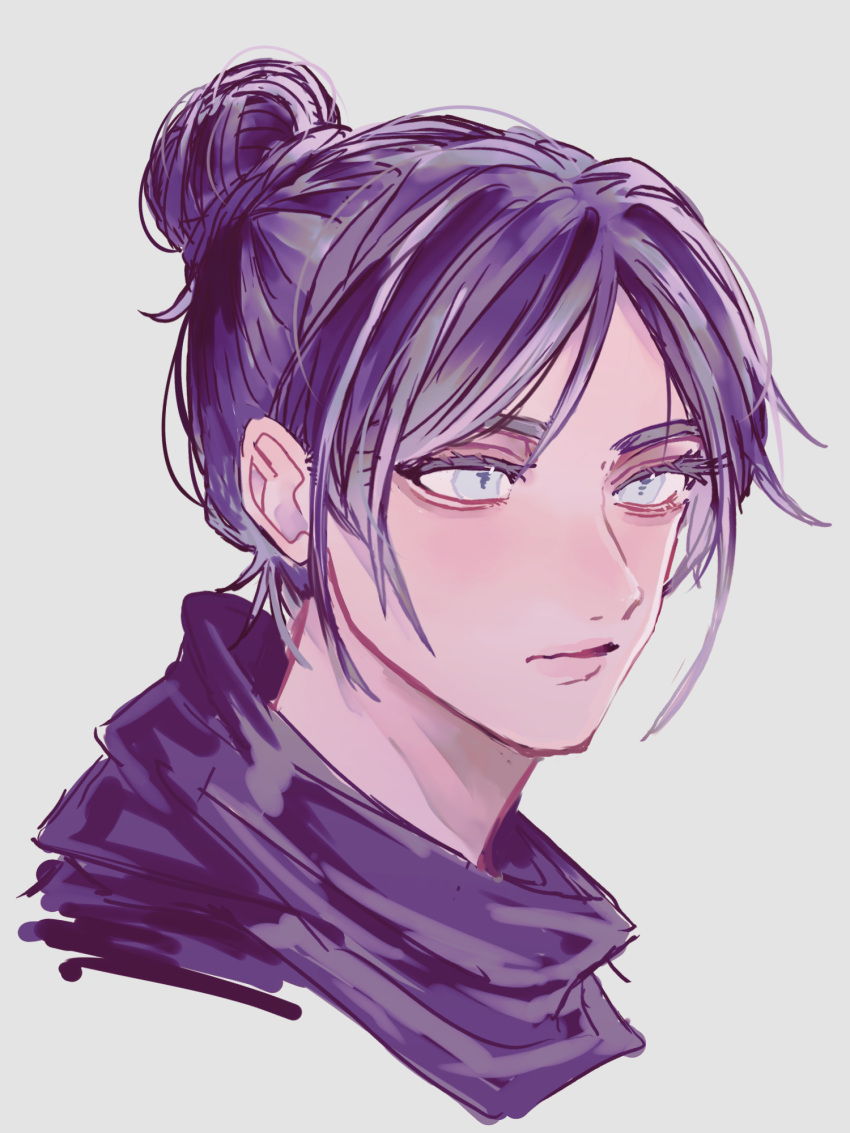 1girl apex_legends bangs black_hair black_scarf blue_eyes blush expressionless grey_background hair_behind_ear hair_bun highres hong_gua_hua parted_bangs portrait scarf sketch solo wraith_(apex_legends)