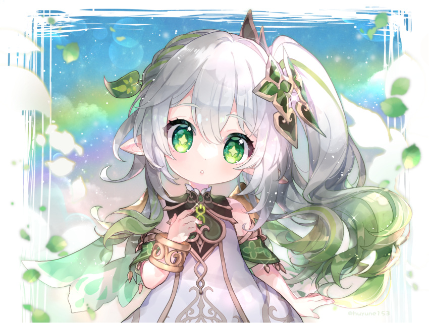 1girl bangs bracelet cross-shaped_pupils detached_sleeves dress female_child genshin_impact gradient_hair green_eyes green_hair green_sleeves hair_ornament head_tilt huyune153 jewelry leaf_hair_ornament long_hair looking_at_viewer multicolored_hair nahida_(genshin_impact) open_mouth pointy_ears side_ponytail solo white_dress white_hair