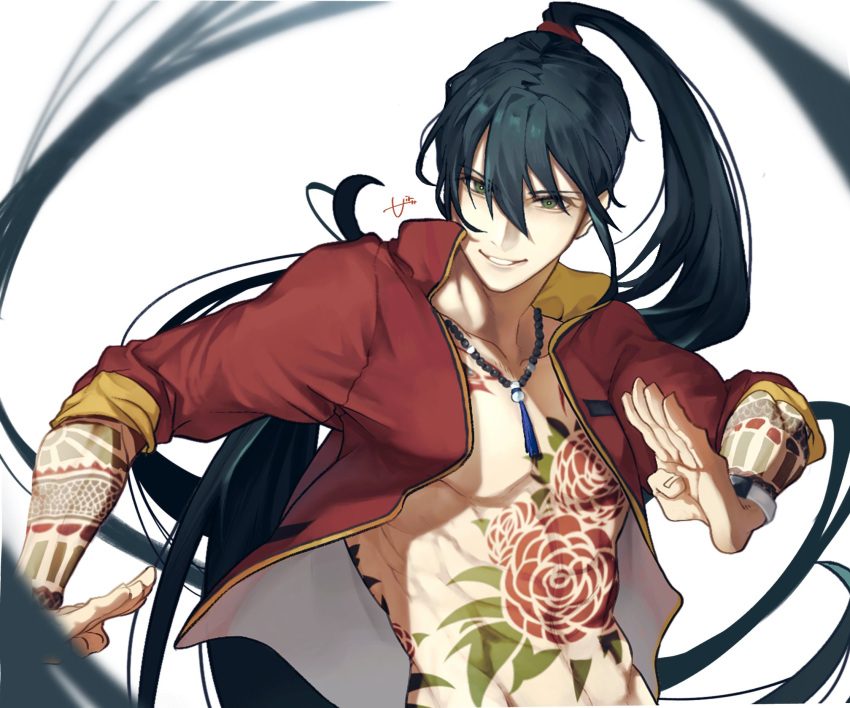 1boy abs air_(ai_r_) alternate_hairstyle bangs bare_pectorals black_hair commentary_request fate/grand_order fate_(series) flower_tattoo full-body_tattoo green_eyes hair_between_eyes hand_up highres jacket jewelry long_hair long_sleeves looking_at_viewer male_focus necklace official_alternate_costume open_clothes open_jacket open_mouth pectorals ponytail red_jacket signature simple_background smile solo tattoo teeth toned toned_male upper_body very_long_hair white_background yan_qing_(fate) yan_qing_(training_wear)_(fate)