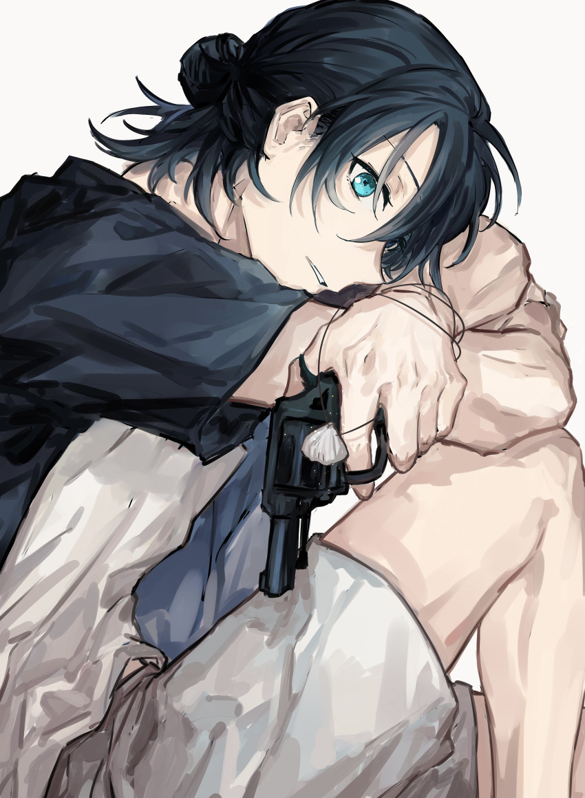 1boy absurdres ajiro_shinpei bangs black_hair black_shirt blue_eyes crossed_arms finger_on_trigger gun hair_between_eyes hair_bun handgun highres holding holding_gun holding_weapon jewelry kmiin knee_up male_focus necklace parted_lips seashell shell shell_necklace shirt short_hair short_sleeves shorts simple_background single_hair_bun sitting solo summertime_render weapon white_background white_shirt white_shorts