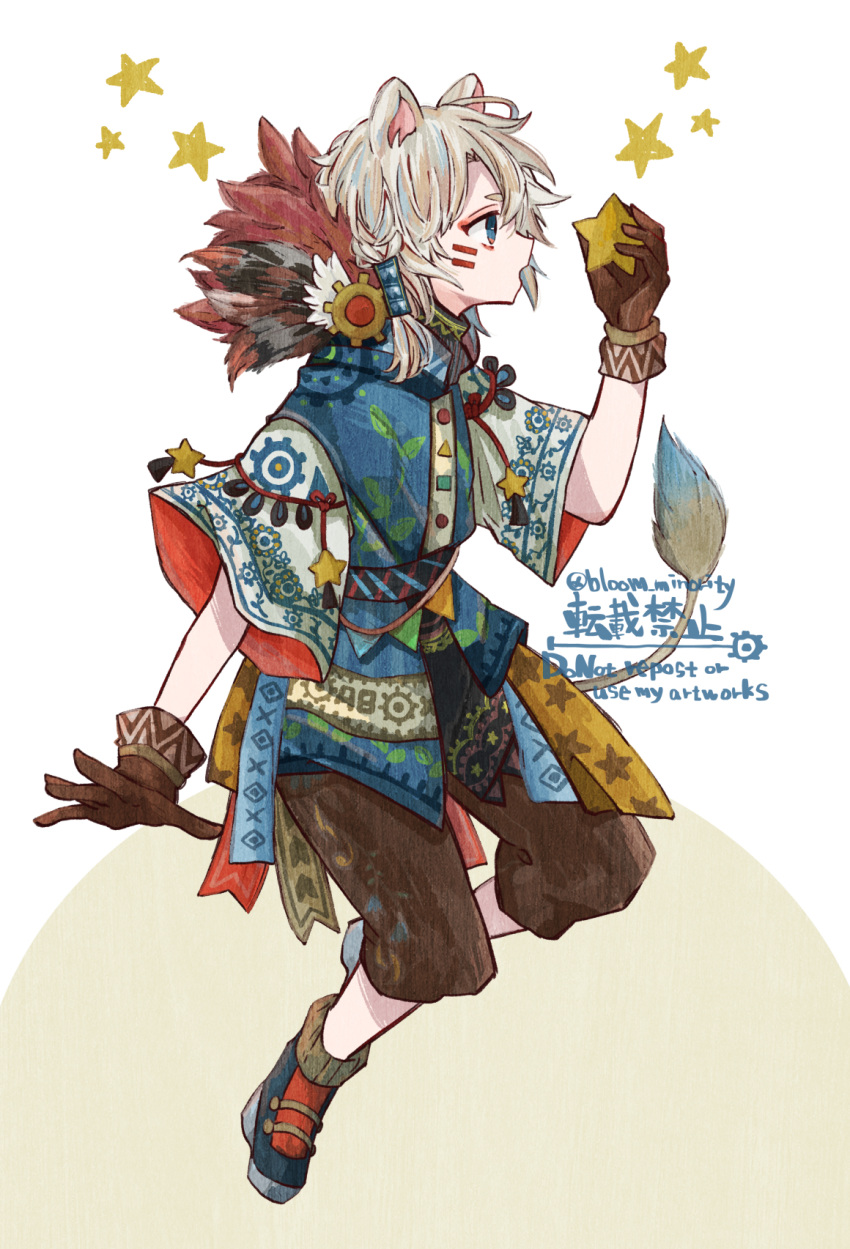 1boy animal_ears blonde_hair bloomminority blue_eyes facing_to_the_side fantasy fox_boy fox_ears full_body gloves grey_background highres looking_ahead male_focus marking_on_cheek multicolored_background original short_hair solo star_(symbol) white_background