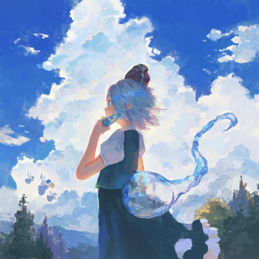 1girl black_hairband blue_sky bottle clouds commentary_request fjsmu from_side green_skirt green_vest grey_hair hairband highres hitodama holding holding_bottle konpaku_youmu konpaku_youmu_(ghost) looking_afar painting_(medium) shirt short_hair short_sleeves skirt sky solo touhou traditional_media vest white_shirt