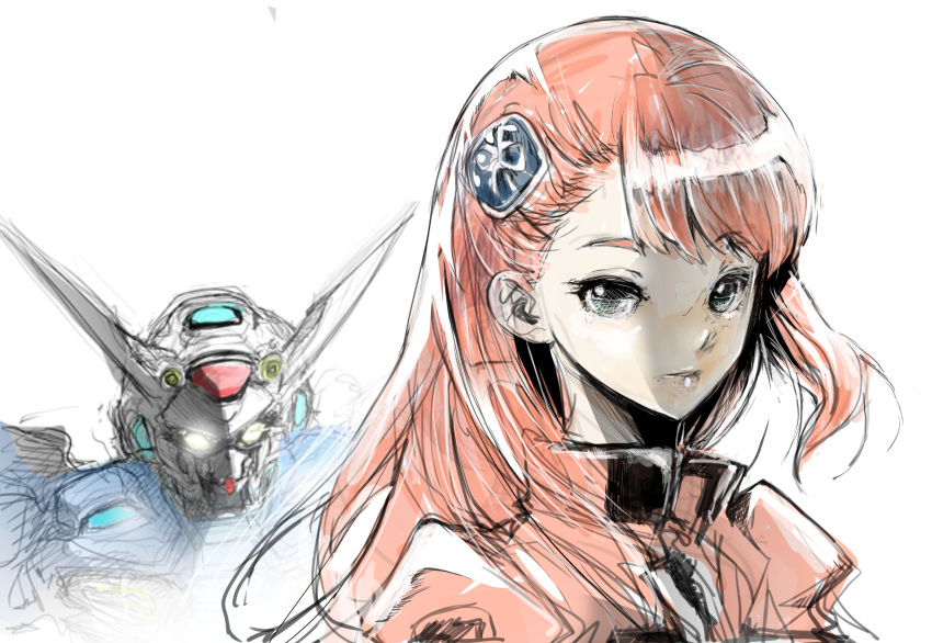 1girl aida_rayhunton bangs blue_eyes burningblossom g-self gundam gundam_g_no_reconguista hair_behind_ear highres juliet_sleeves long_sleeves looking_at_viewer looking_to_the_side mecha mobile_suit parted_lips portrait puffy_sleeves red_shirt robot shirt sketch white_background yellow_eyes