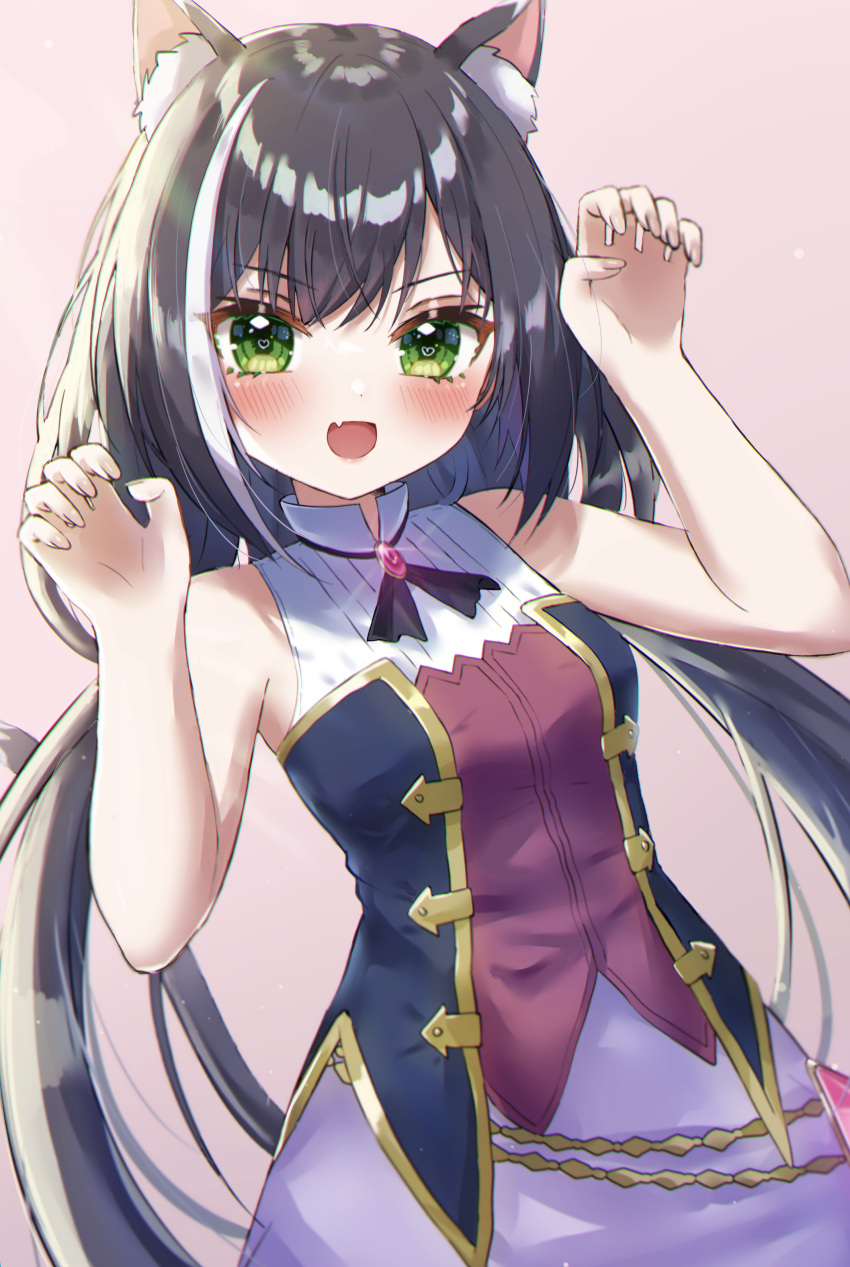 1girl :d absurdres animal_ear_fluff animal_ears bangs bare_shoulders black_hair black_ribbon blush cat_ears cat_girl claw_pose collared_dress commentary dress eyelashes fang gem gold_trim green_eyes hair_between_eyes hands_up highres karyl_(princess_connect!) long_hair looking_at_viewer low_twintails multicolored_clothes multicolored_dress multicolored_hair neck_ribbon open_mouth pink_background princess_connect! ribbon shinzousan sidelocks skin_fang sleeveless sleeveless_dress smile solo standing streaked_hair twintails v-shaped_eyebrows very_long_hair white_hair
