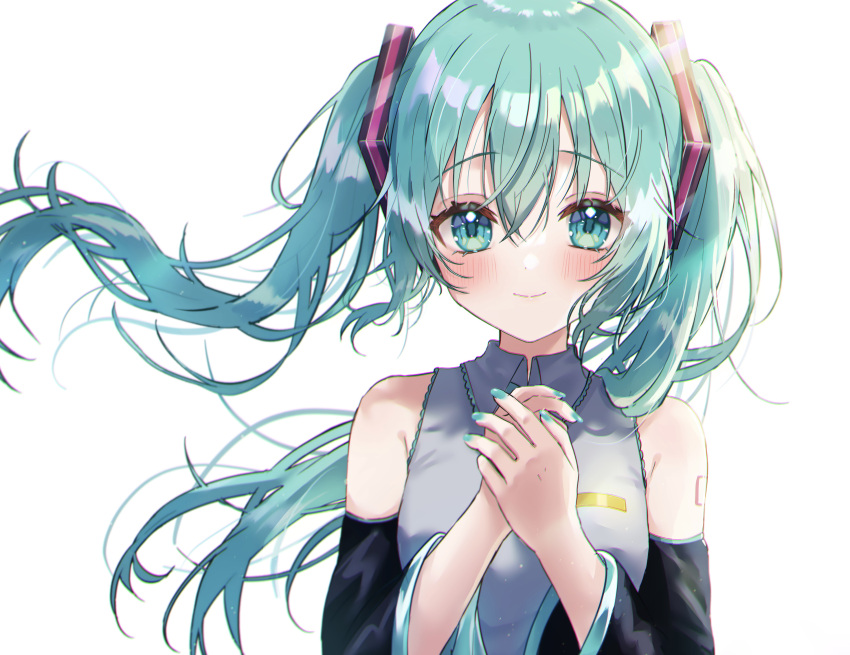 1girl absurdres aqua_eyes aqua_hair aqua_nails arm_tattoo bangs bare_shoulders black_sleeves blush closed_mouth collared_shirt commentary detached_sleeves eyelashes fingernails floating_hair grey_shirt hair_between_eyes hair_ornament hands_up hatsune_miku highres long_hair long_sleeves looking_at_viewer nail_polish number_tattoo own_hands_together shinzousan shirt sidelocks sleeveless sleeveless_shirt smile solo tattoo twintails upper_body vocaloid white_background wide_sleeves wing_collar