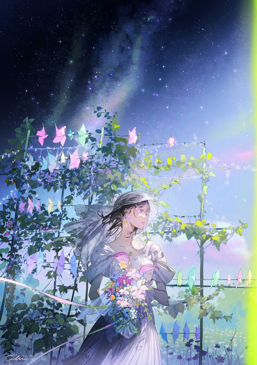 1girl bangs black_hair blue_sky bouquet breasts clouds collarbone daisy dress dusk flower flower_request frilled_dress frills highres holding holding_bouquet illumi999 looking_to_the_side medium_breasts medium_hair mole_on_cheek original outdoors parted_lips plant signature sky solo standing star_(sky) starry_sky string_lights veil vines violet_eyes white_dress wind