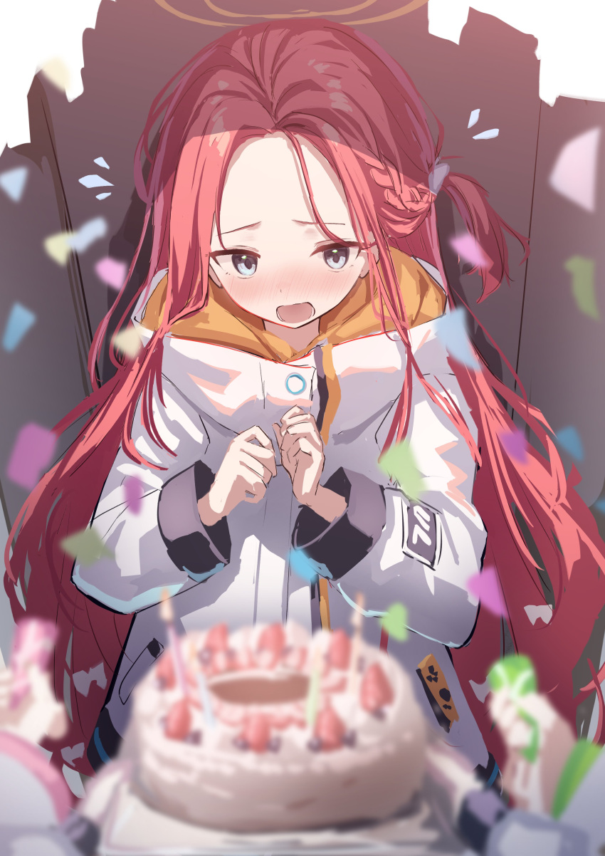 1girl absurdres arisu_(blue_archive) bangs birthday_cake blue_archive blue_eyes blush braid cake confetti flying_sweatdrops food forehead halo highres hood hooded_jacket in_locker jacket locker midori_(blue_archive) momoi_(blue_archive) multicolored_clothes multicolored_jacket one_side_up open_mouth parted_bangs redhead shoa_tksm yuzu_(blue_archive)