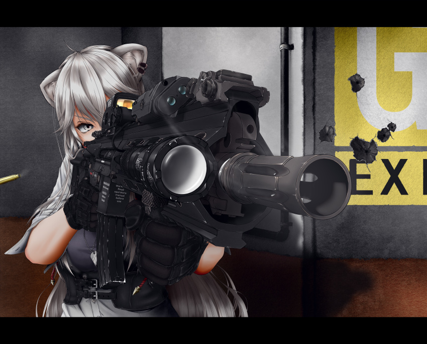 1girl absurdres ahoge aiming animal_ears assault_rifle bangs black_gloves buttons commentary denim dog_tags ear_piercing eotech foregrip gloves grey_eyes grey_hair grey_shirt gun h&amp;k_hk416 hair_between_eyes highres holding holding_weapon hololive jeans lion_ears lion_girl pants piercing rifle shirt shishiro_botan sleeves_rolled_up solo tomii_(tomii_comet) unbuttoned unbuttoned_shirt unbuttoned_sleeves upper_body virtual_youtuber weapon white_shirt