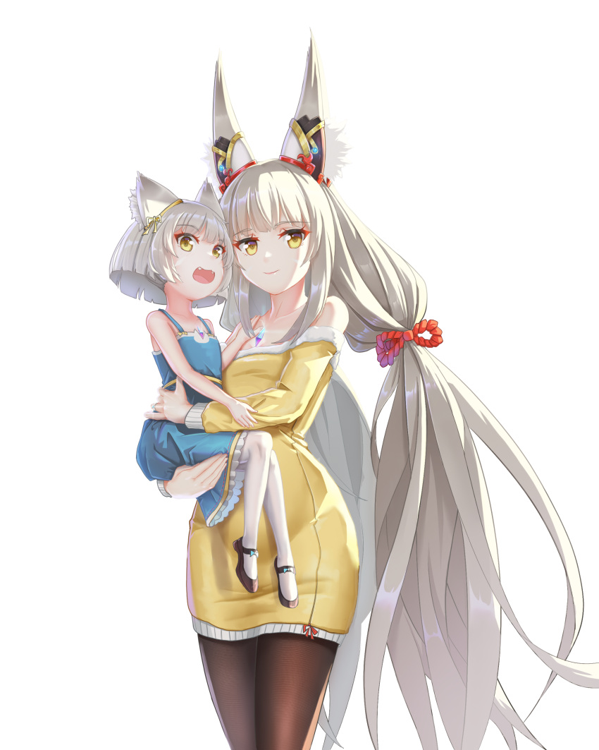 absurdres animal_ears cat_ears cat_girl chest_jewel facial_mark flat_chest grey_hair highres kl4397 long_hair low_twintails mio_(xenoblade) mother_and_daughter nia_(blade)_(xenoblade) nia_(xenoblade) spoilers twintails very_long_hair white_background xenoblade_chronicles_(series) xenoblade_chronicles_2 xenoblade_chronicles_3 yellow_eyes