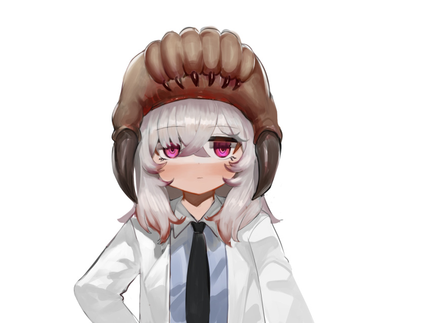 1girl :| bangs black_necktie blue_shirt blush closed_mouth collared_shirt commentary_request dokomon grey_hair hair_between_eyes half-life headcrab highres korean_commentary labcoat looking_at_viewer necktie open_clothes shirt simple_background violet_eyes white_background