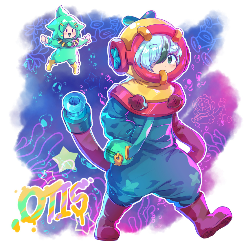 :&gt; afterimage air_bubble blue_hair blush blush_stickers boots brawl_stars brown_footwear bubble character_request coral covered_mouth green_eyes green_hair hair_over_one_eye hand_in_pocket highres kaoling long_sleeves looking_at_viewer multicolored_hair onesie parted_lips puffy_long_sleeves puffy_sleeves short_eyebrows solid_oval_eyes star_(symbol) streaked_hair thick_eyebrows triangle_mouth