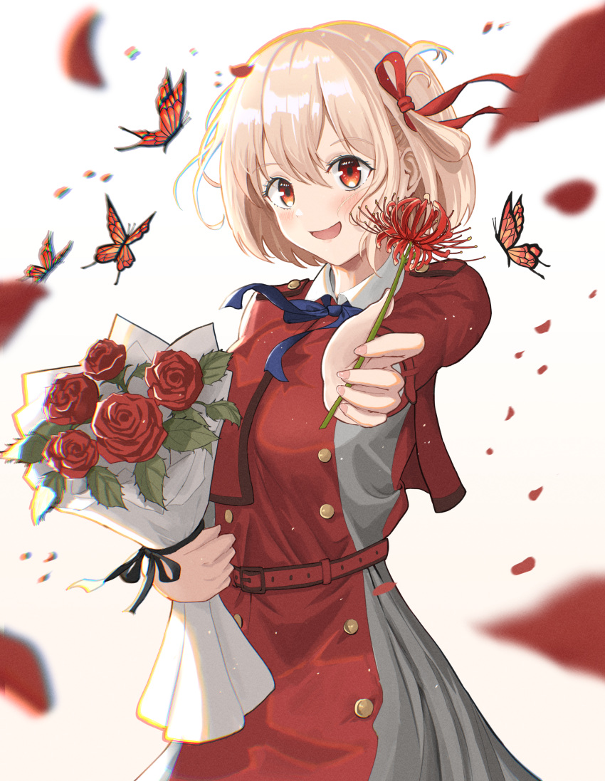 1girl :d absurdres ayloss belt black_ribbon blonde_hair blue_ribbon blurry blush bouquet breasts bug butterfly depth_of_field dress english_commentary falling_petals floating_hair flower grey_dress hair_ribbon highres holding holding_bouquet holding_flower lycoris_recoil neck_ribbon nishikigi_chisato one_side_up open_mouth outstretched_arm petals red_belt red_dress red_eyes red_flower red_ribbon red_rose ribbon rose rose_petals short_hair simple_background smile solo spider_lily two-tone_dress uniform white_background wing_collar