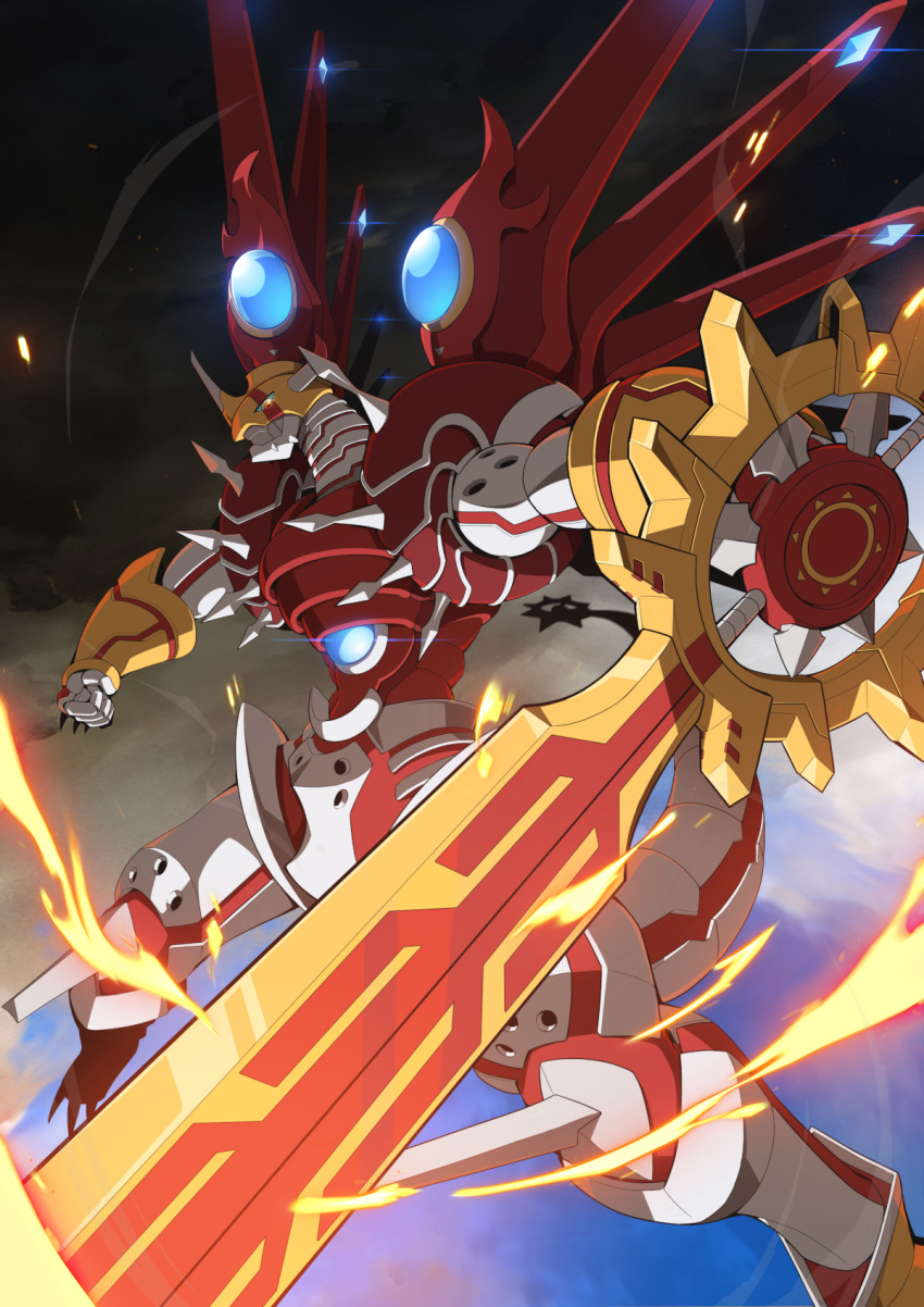 armor clouds cloudy_sky digimon digimon_(creature) digimon_savers double-blade fire flame gamiani_zero glowing highres horns no_humans shinegreymon sky solo spikes tail wings yellow_eyes