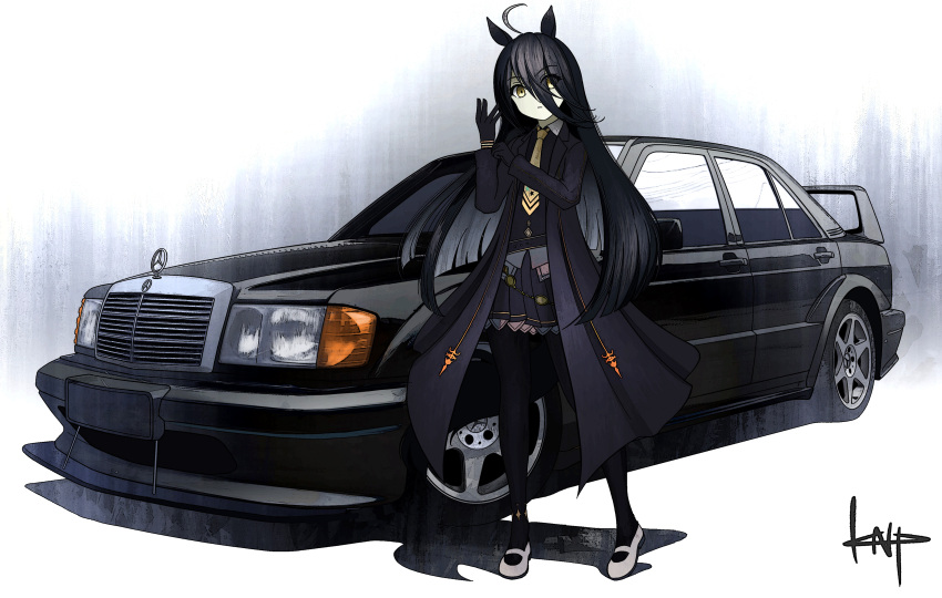 1girl absurdres ahoge animal_ears artist_name bangs belly_chain black_coat black_gloves black_hair black_pantyhose black_shirt black_skirt blouse car closed_mouth clothes_lift coat collared_shirt commentary dress dress_lift dress_shirt frown gloves grey_footwear ground_vehicle hair_between_eyes highres horse_ears horse_girl horse_tail jewelry kano_(nakanotakahiro1029) logo long_bangs long_coat long_hair long_sleeves looking_at_viewer manhattan_cafe_(umamusume) mary_janes mercedes-benz_190e_2.5-16_evolution_ii miniskirt motor_vehicle necktie open_clothes open_coat pantyhose pleated_skirt shadow shirt shoes signature skirt solo standing tail umamusume yellow_eyes yellow_necktie