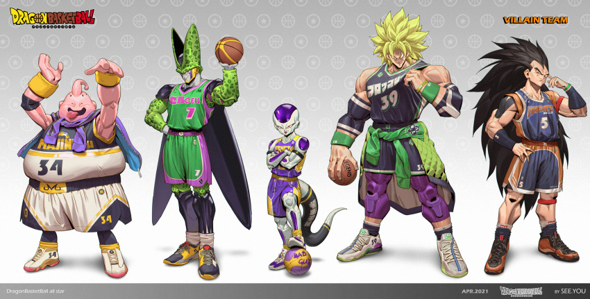 5boys :d alternate_costume armor arms_up artist_name ball bare_shoulders basketball basketball_uniform black_footwear black_shirt black_shorts black_skin black_socks blonde_hair blue_footwear broly_(dragon_ball_z) brown_footwear brown_shirt brown_shorts cell_(dragon_ball) character_name closed_mouth clothes_around_waist collarbone colored_skin crossed_arms dated detached_sleeves dragon_ball facing_viewer fat fat_man frieza full_body gradient gradient_background green_jacket green_shirt green_shorts green_skin grey_background grey_footwear grey_skin hand_on_hip height_difference highres holding holding_ball jacket jacket_around_waist long_hair looking_at_viewer majin_buu male_focus multiple_boys muscular muscular_male no_pupils open_mouth pink_shirt pink_shorts pink_skin pointy_nose purple_jacket purple_lips purple_shirt purple_shorts purple_skin raditz see_you shirt shoes shorts shoulder_armor smile socks sportswear standing tail teeth tentacle_hair tongue tongue_out upper_teeth very_long_hair white_footwear white_shirt white_shorts white_skin wings wristband yellow_footwear yellow_shirt yellow_shorts