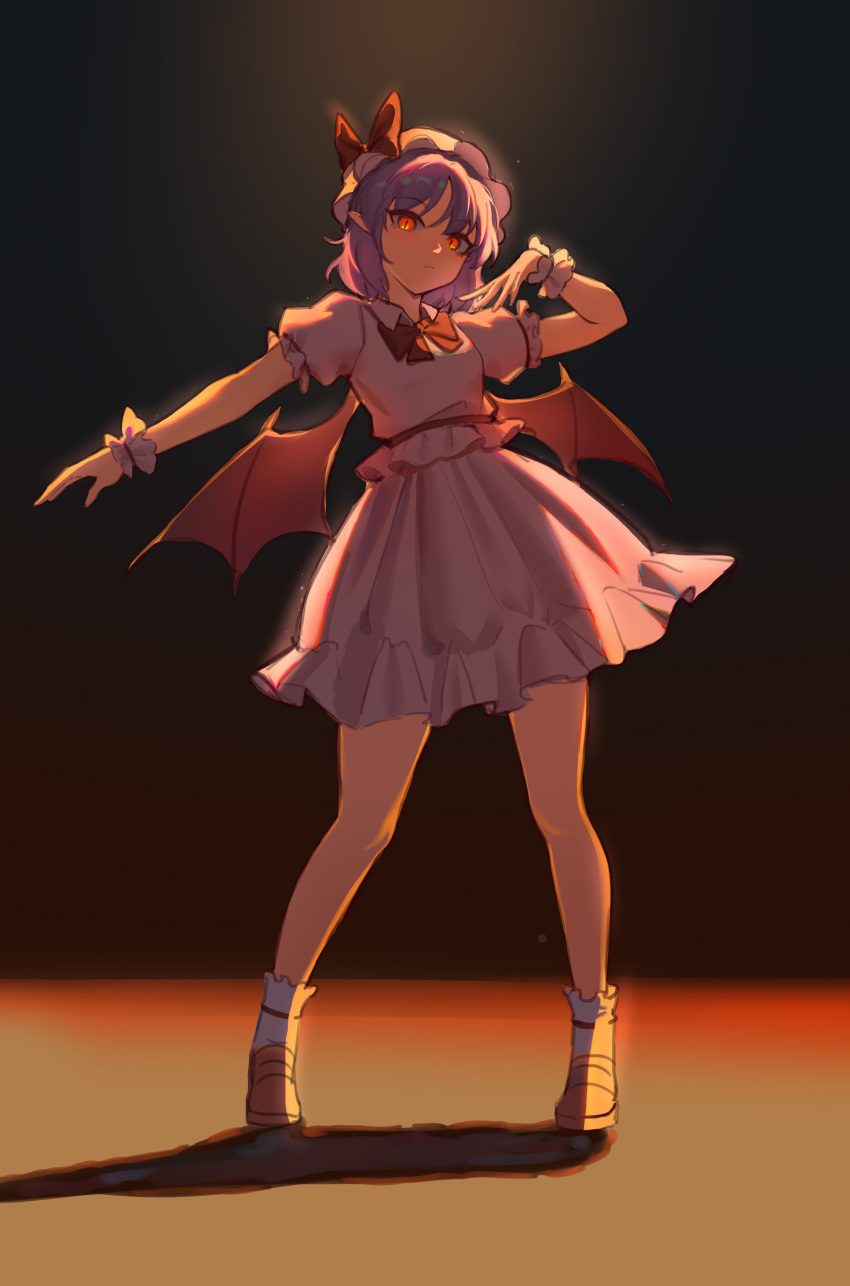 1girl absurdres bat_wings bloom bow bowtie contrapposto dress expressionless full_body hat highres hoshinosaya legs looking_at_viewer mob_cap outstretched_arm pink_dress puffy_short_sleeves puffy_sleeves purple_hair remilia_scarlet shoes short_hair short_sleeves slit_pupils solo standing touhou wing_collar wings wrist_cuffs