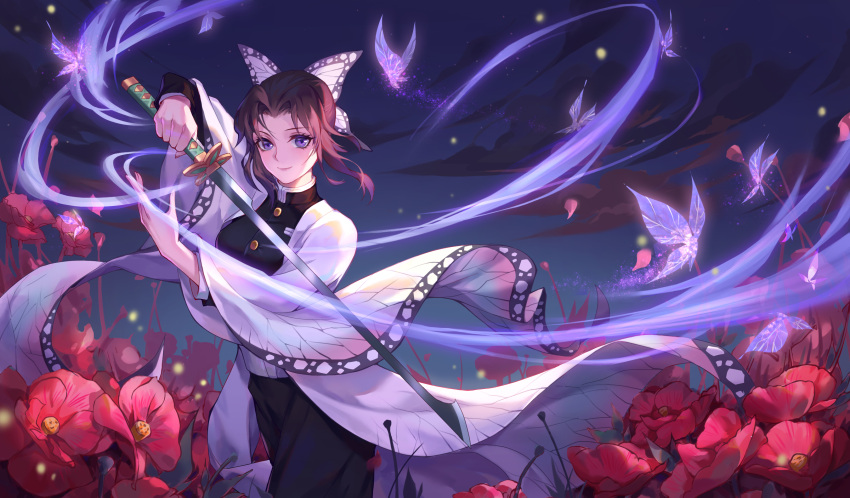 13694334150 1girl bangs belt belt_buckle black_hair black_jacket black_pants blue_butterfly blush breast_pocket breasts buckle bug butterfly butterfly_hair_ornament buttons closed_mouth commentary demon_slayer_uniform eyelashes field flower flower_field forehead hair_ornament haori highres holding holding_sword holding_weapon jacket japanese_clothes katana kimetsu_no_yaiba kochou_shinobu large_breasts looking_at_viewer multicolored_hair pants parted_bangs patterned_clothing pocket purple_butterfly purple_hair red_flower sidelocks smile solo standing sword sword_writing symbol-only_commentary two-tone_hair uniform unsheathed violet_eyes weapon white_belt wide_sleeves