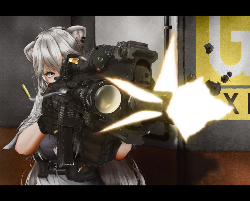 1girl absurdres ahoge aiming animal_ears assault_rifle bangs black_gloves buttons commentary denim dog_tags ear_piercing eotech firing foregrip gloves grey_eyes grey_hair grey_shirt gun h&amp;k_hk416 hair_between_eyes highres holding holding_weapon hololive jeans lion_ears lion_girl long_hair pants piercing rifle shell_casing shirt shishiro_botan sleeves_rolled_up solo tomii_(tomii_comet) unbuttoned unbuttoned_shirt unbuttoned_sleeves upper_body virtual_youtuber weapon white_shirt