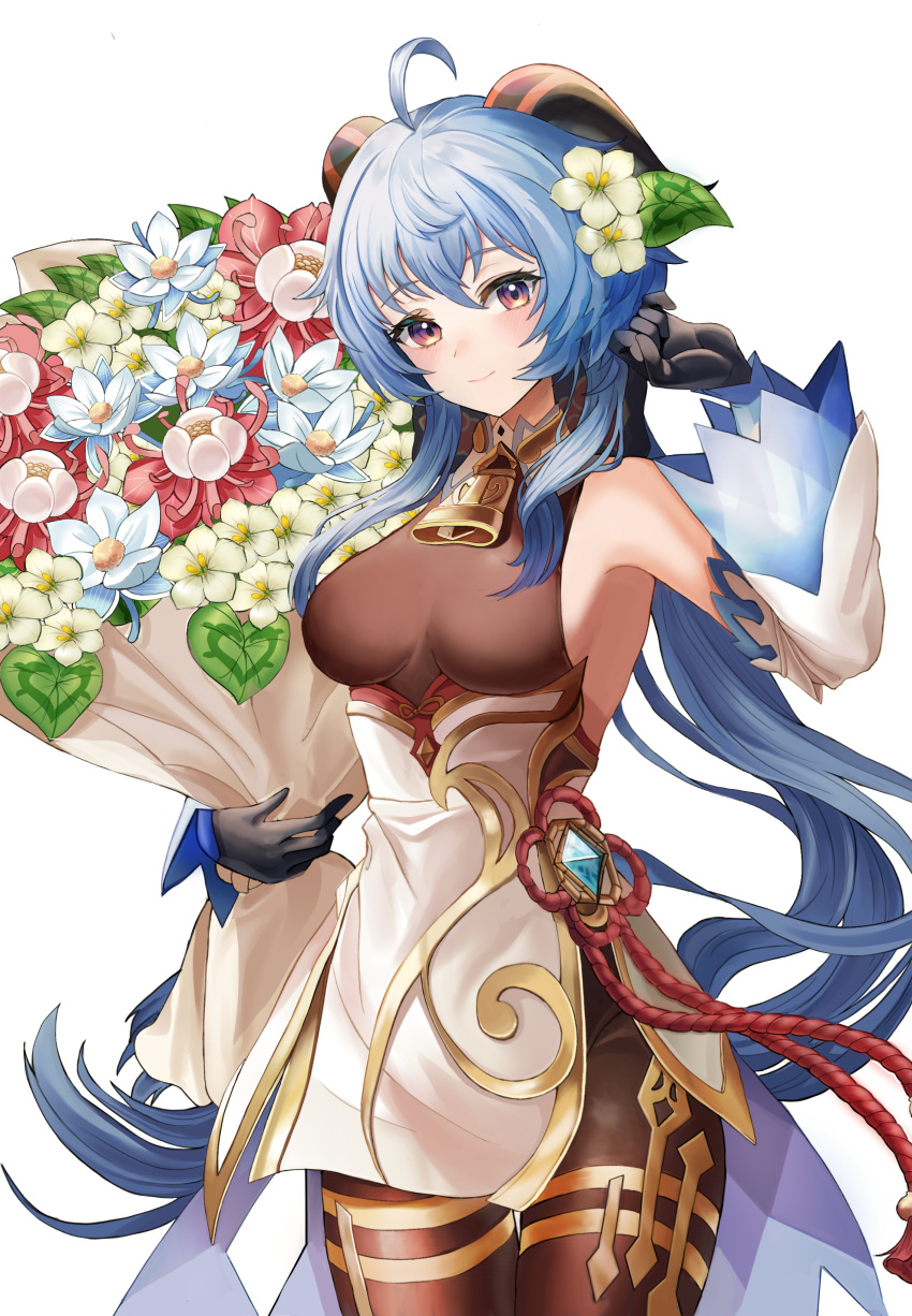 1girl absurdres ahoge bangs bare_shoulders bell black_gloves blue_flower blue_hair blush bouquet breasts brown_pantyhose chinese_knot detached_sleeves flower flower_knot ganyu_(genshin_impact) genshin_impact glaze_lily gloves gold_trim hair_flower hair_ornament highres horns kinyouny long_hair looking_at_viewer medium_breasts neck_bell pantyhose qingxin_flower red_flower sidelocks silk_flower_(genshin_impact) smile solo tassel thigh_gap thighlet violet_eyes vision_(genshin_impact) white_background white_flower white_sleeves